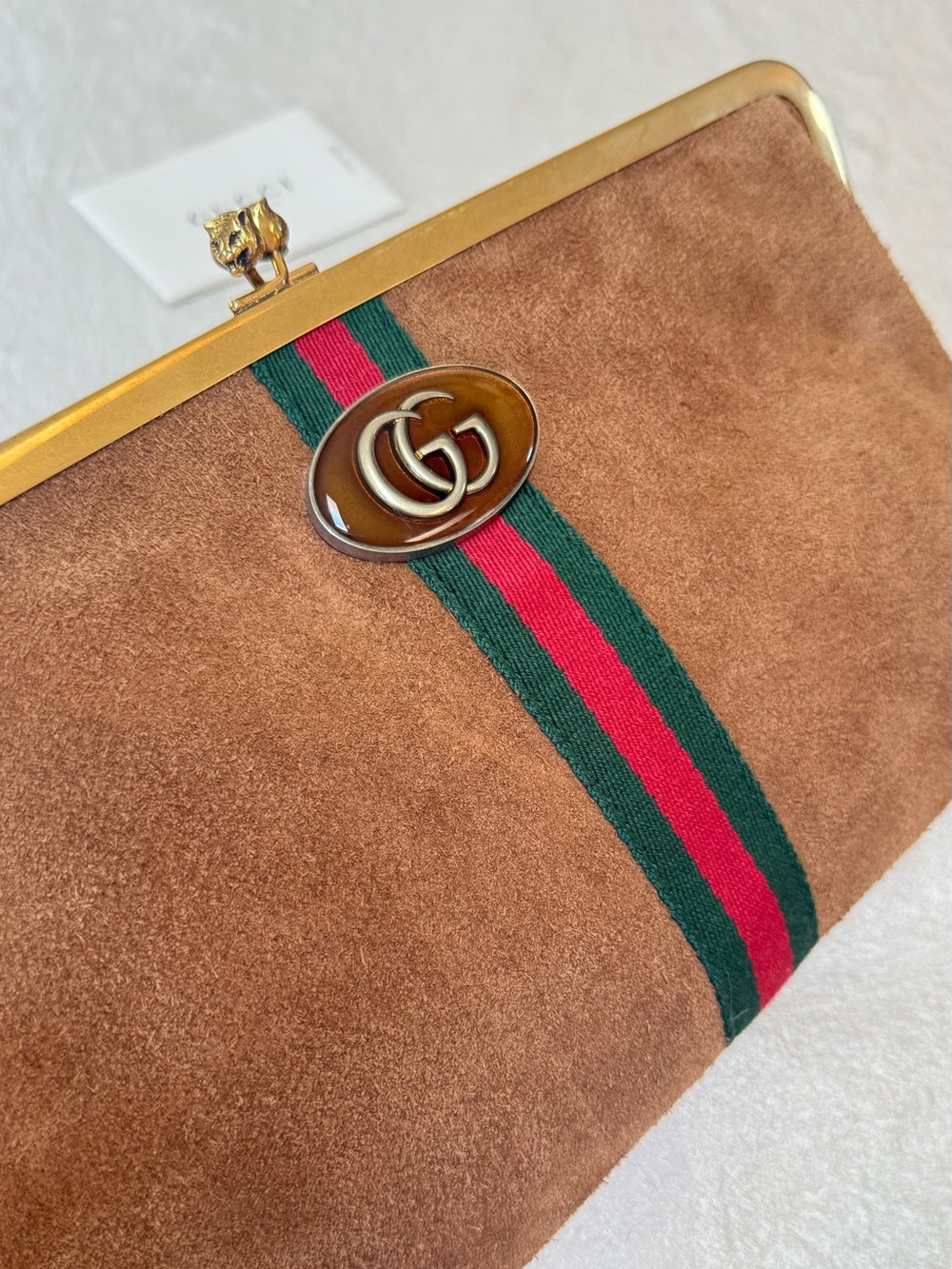 •••SOLD•••Auth Gucci Ophidia Kisslock Frame Clutch Suede Medium In Brown - Picture 8 of 17